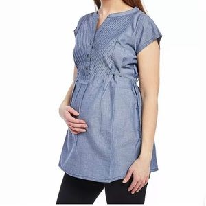 Times Two Chambray Pleated Button-Front Cap-Sleeve